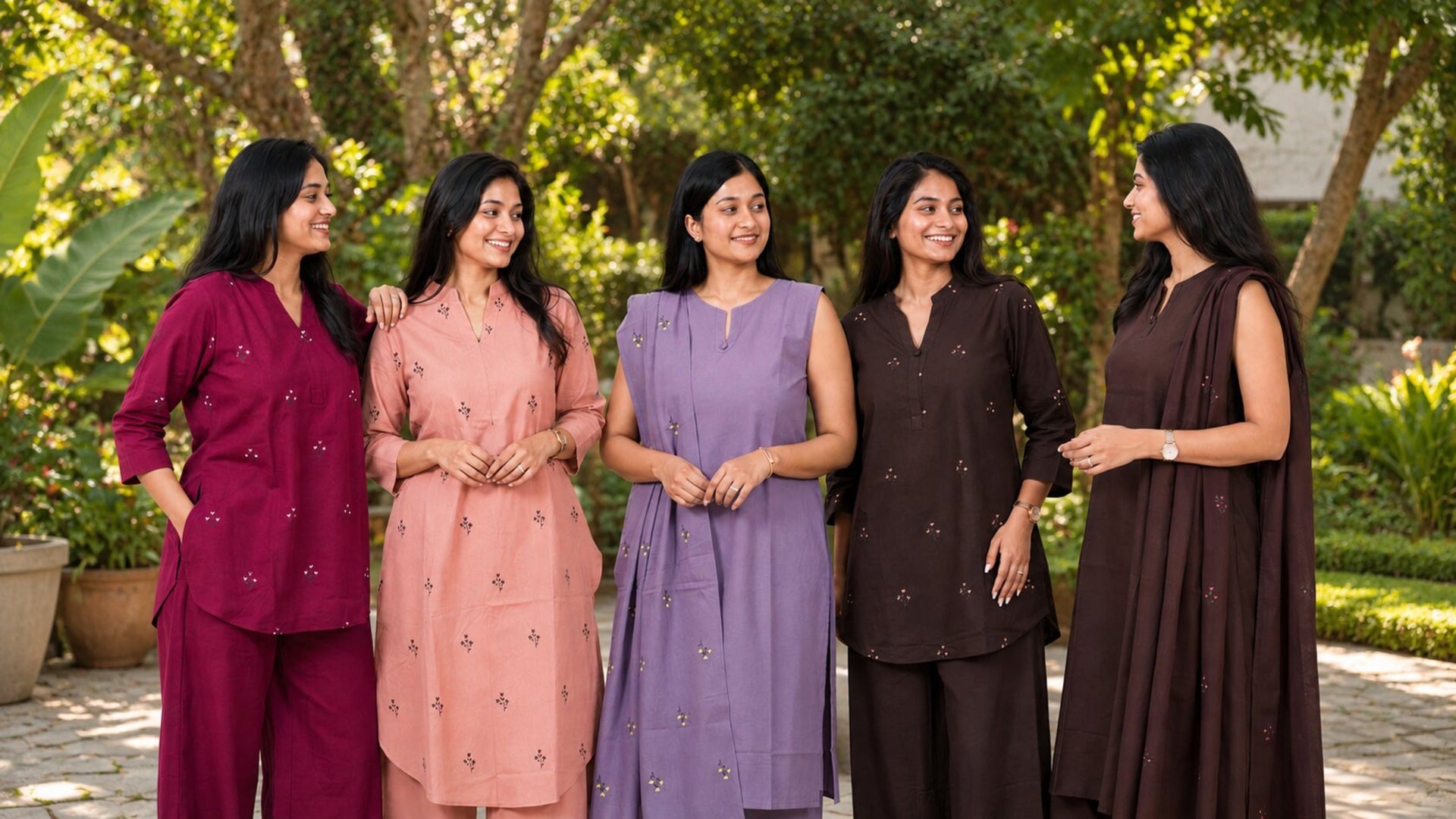Five women standing together outdoors in a garden setting, wearing matching outfits.