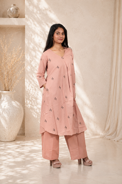 Printed Cotton A-Line Kurta Set ( Peach )