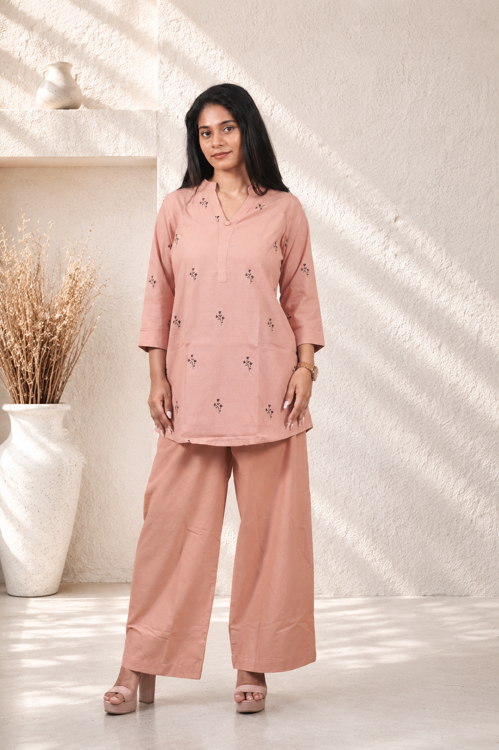 Printed Cotton Co-ord Set ( Peach )