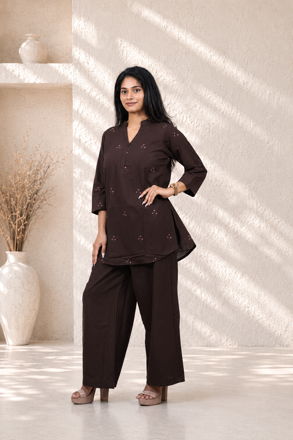 Printed Cotton Co-ord Set ( Brown )