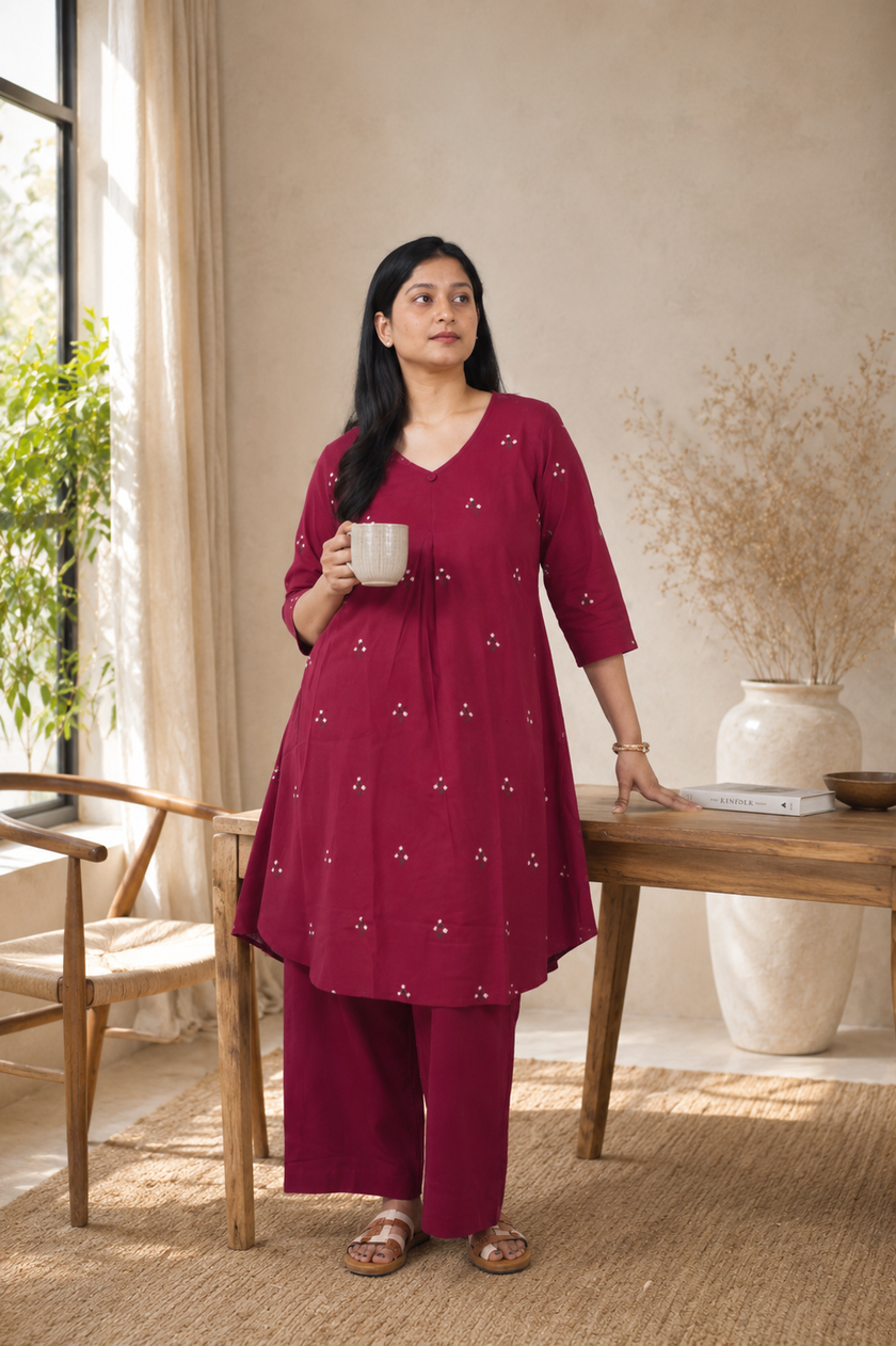Printed Cotton A-Line Kurta Set ( Maroon )