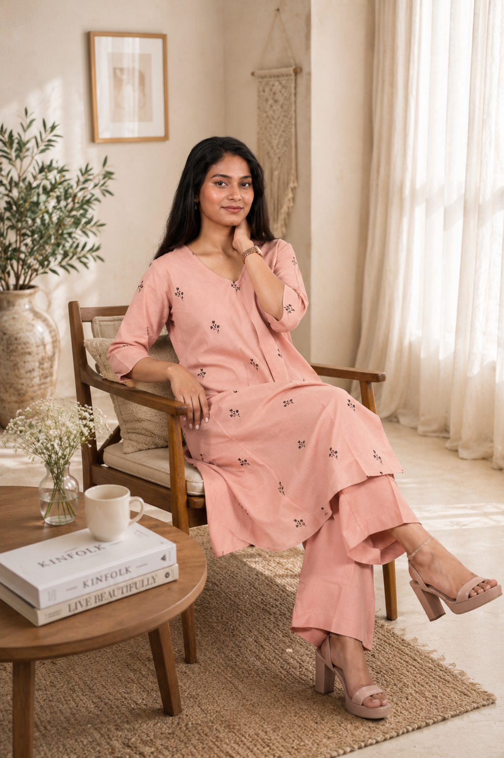 Printed Cotton A-Line Kurta Set ( Peach )