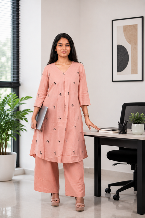 Printed Cotton A-Line Kurta Set ( Peach )