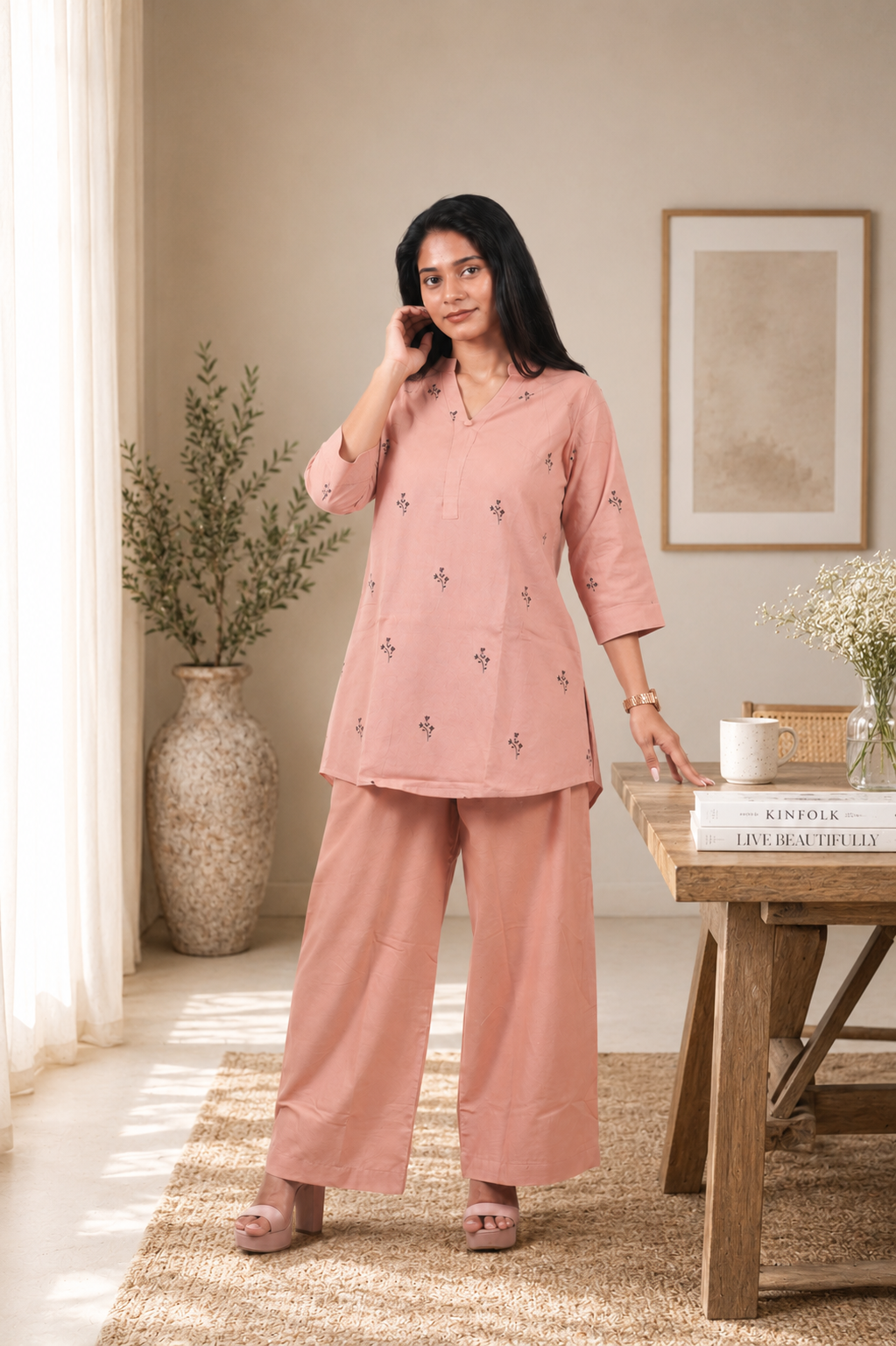 Printed Cotton Co-ord Set ( Peach )