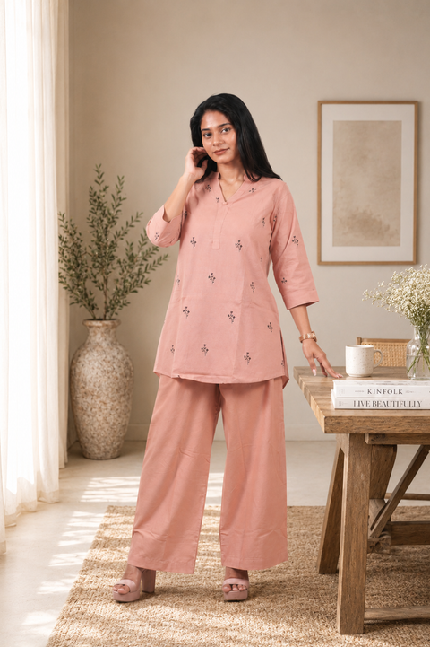 Printed Cotton Co-ord Set ( Peach )