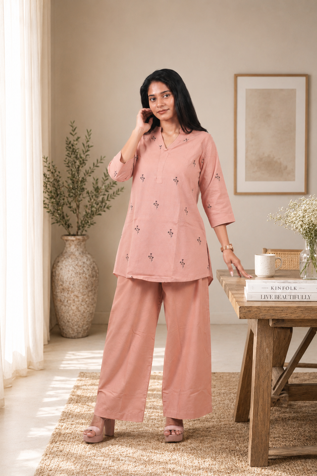 Printed Cotton Co-ord Set ( Peach )