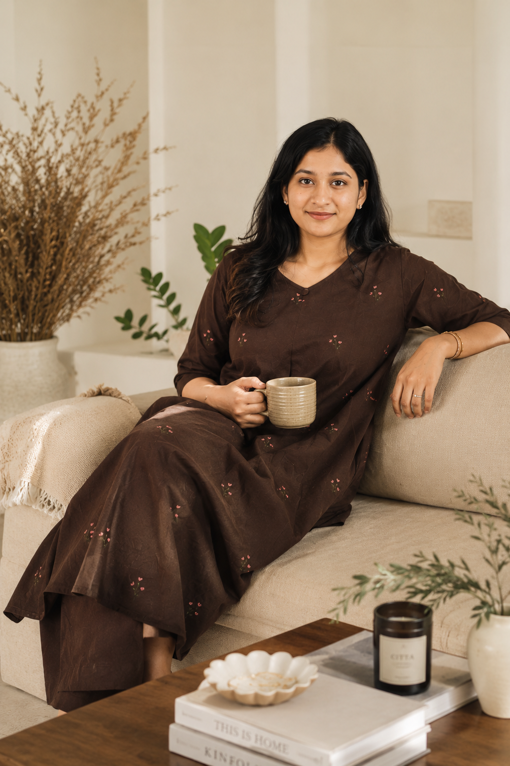 Printed Cotton A-Line Kurta Set ( Brown )