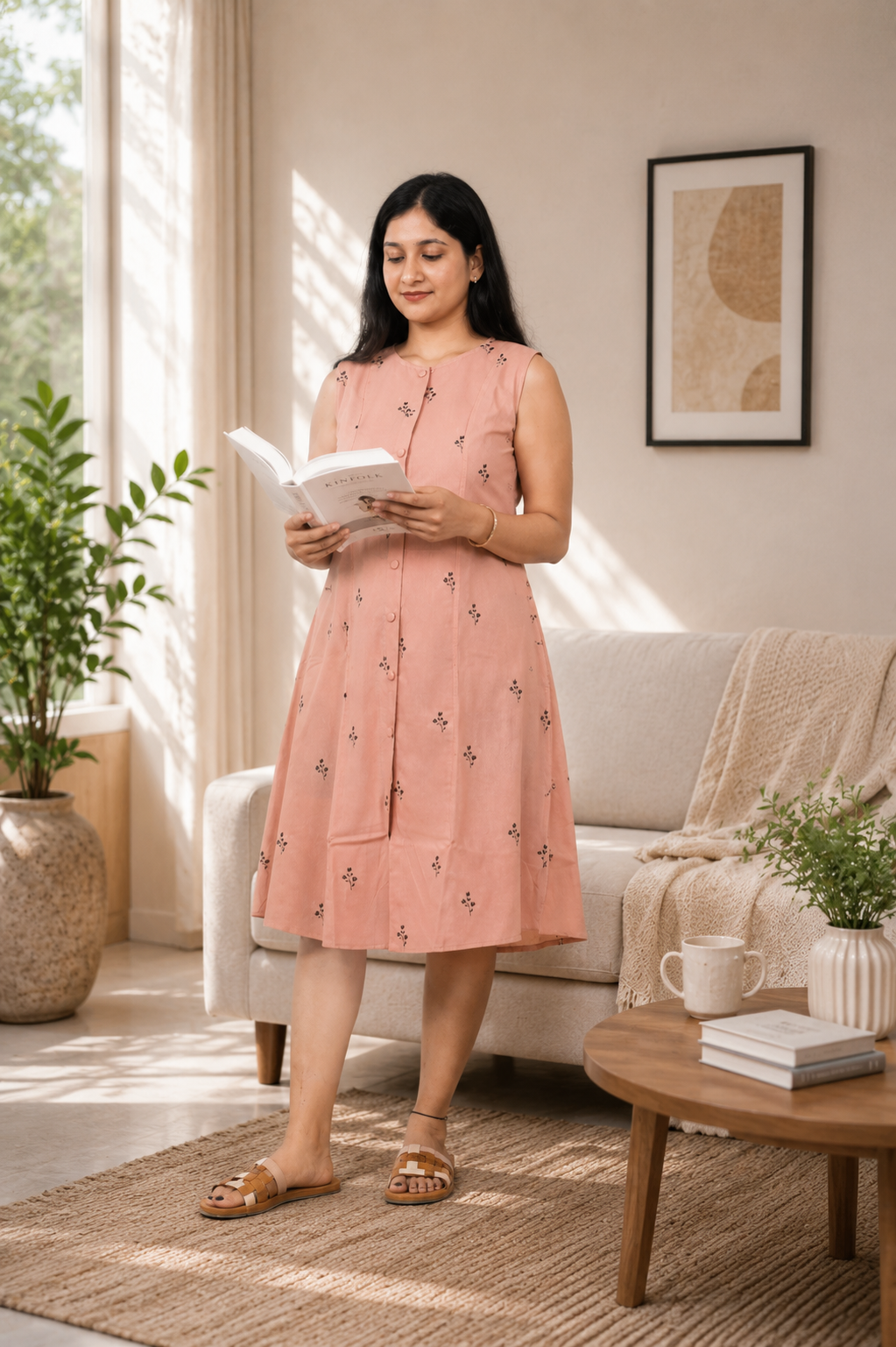 Everyday Printed Dress ( Peach )