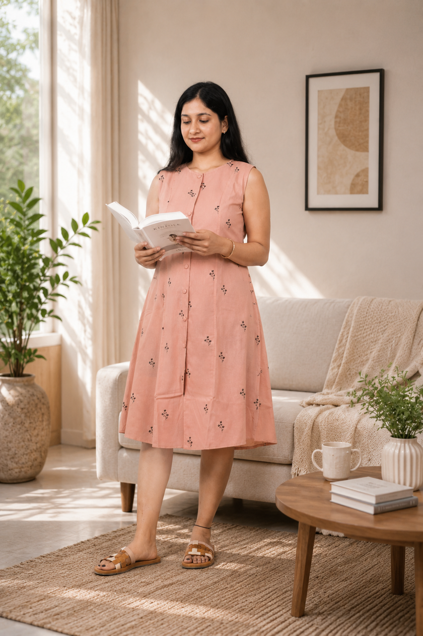 Everyday Printed Dress ( Peach )