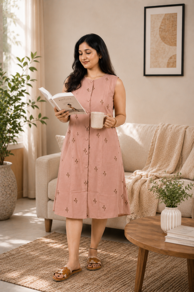 Everyday Printed Dress ( Peach )