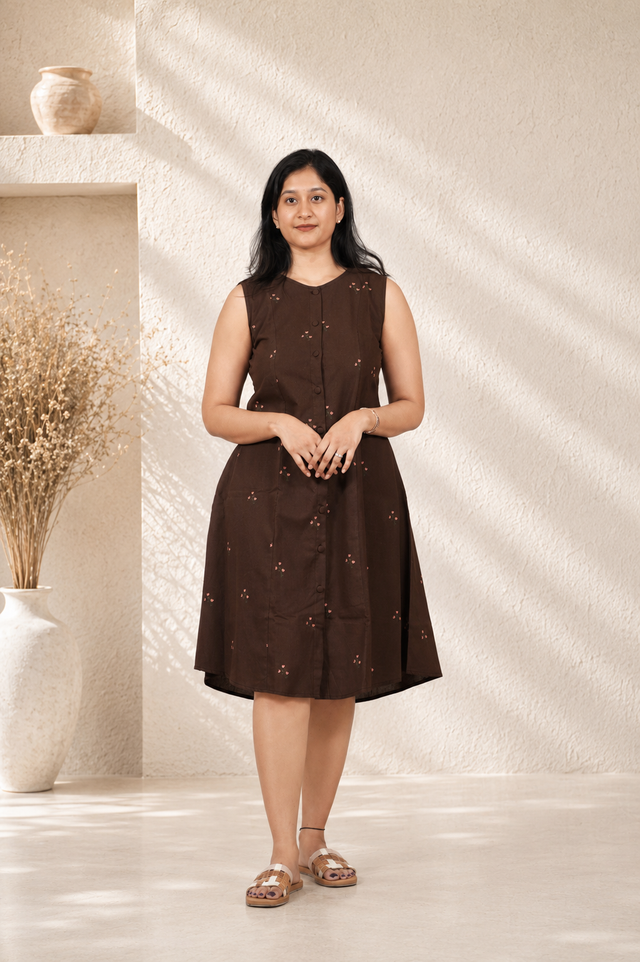 Woman wearing a brown dress standing in a softly lit room with decorative elements.