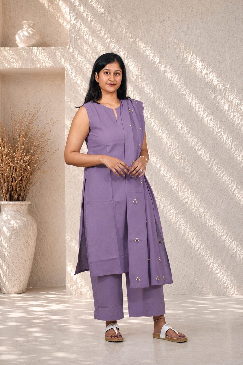 Woman wearing a purple outfit standing in a well-lit room with a decorative vase and plant.